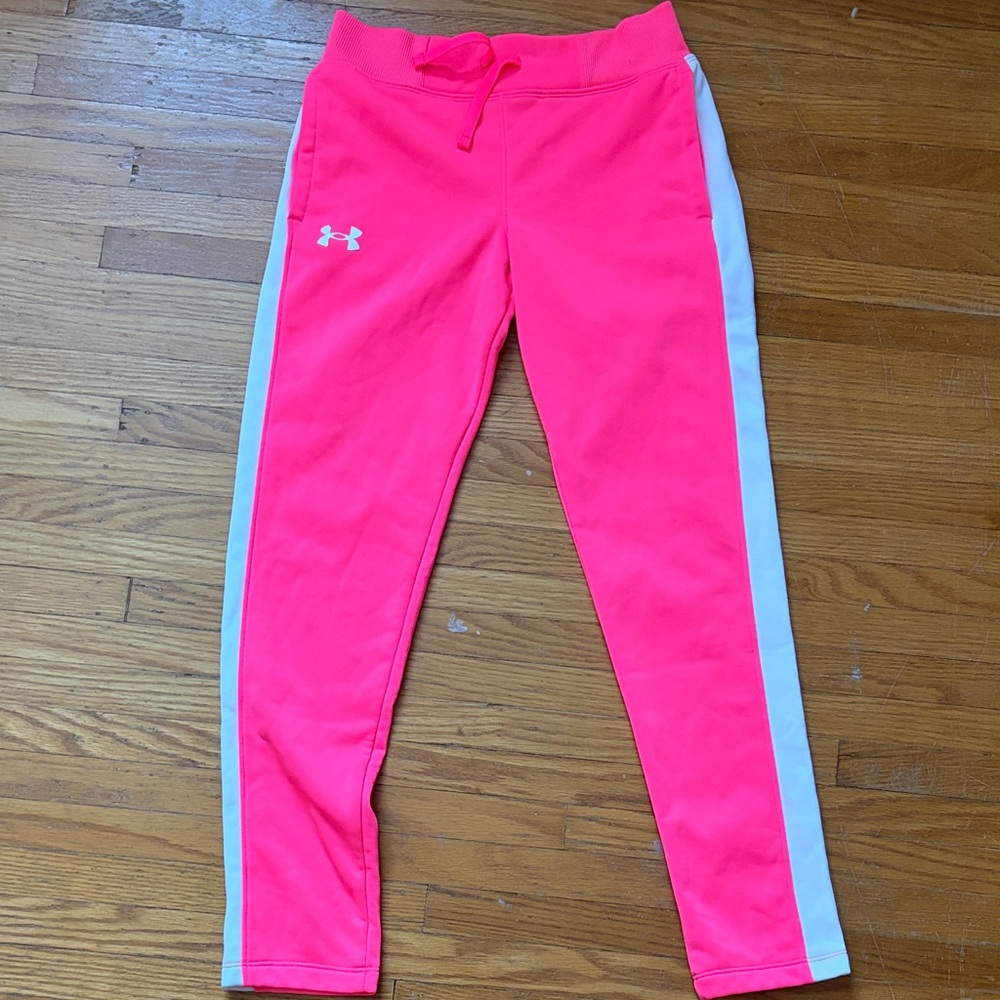 EUC Under Armour girls Neon Pink Joggers with White Stripes size medium